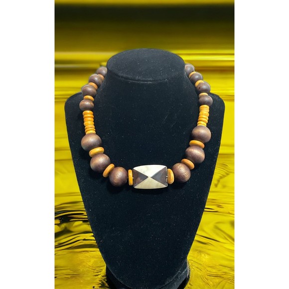 African Tribal Women Necklace Statement Wood Eye Tiger Stone Brown Beige Vintage
